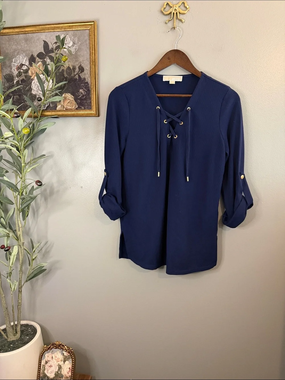 Michael Michael Kors Small Navy Lace Up Roll Tab Sleeve Top Gold Hardware